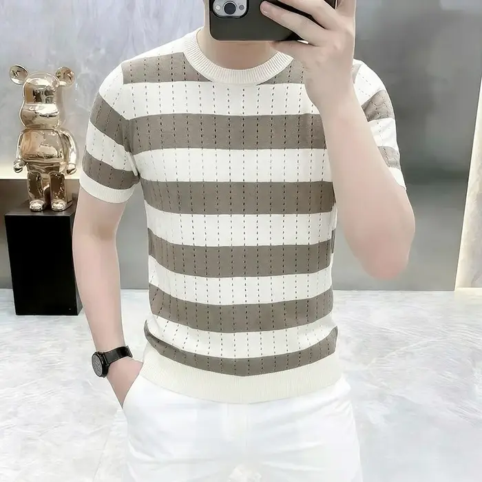 T-shirt en maille de soie glacée style britannique pour homme, rayé, à manches courtes, col rond, co