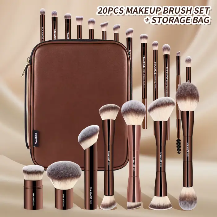 MAANGE 20 pièces pinceaux de maquillage professionnels + sac de rangement double extrémité fond de t