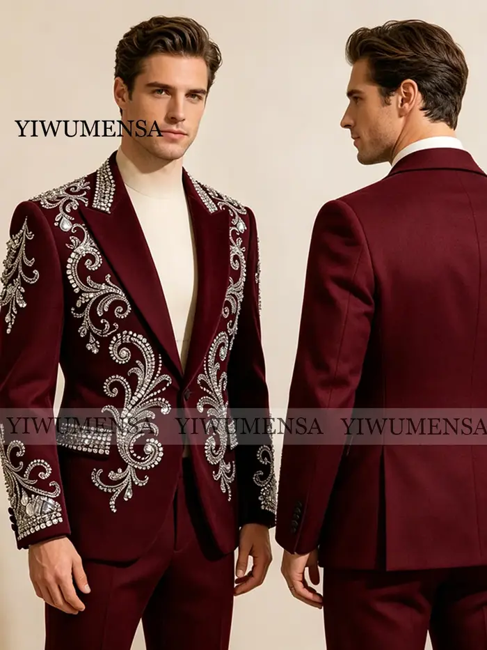 Costume de mariage personnalisé pour le marié, blazer perlé de cristaux, ensemble 2 pièces, smoking 