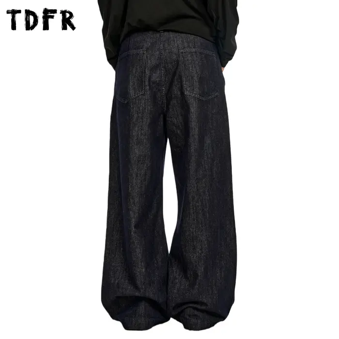 Rétro Simple jean hommes plissé décontracté lavé en détresse Baggy jambe large bleu Denim pantalon h