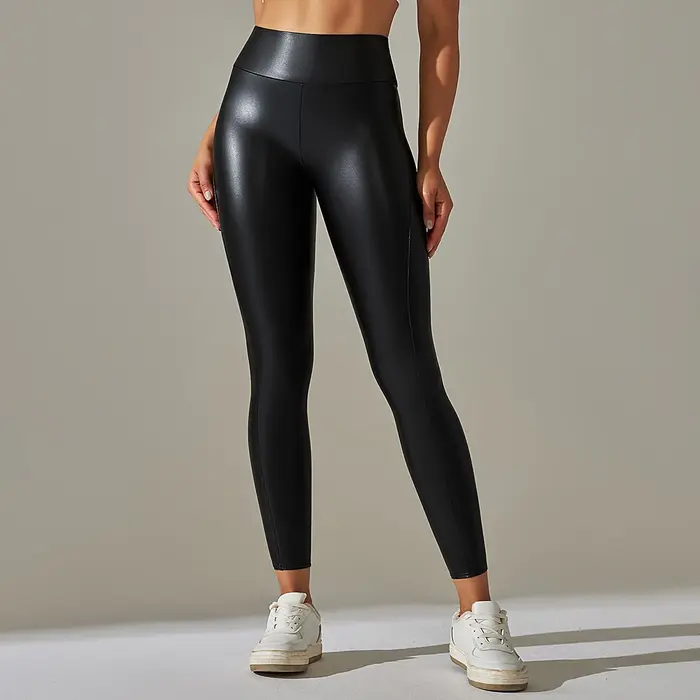 Pantalons de Yoga en cuir PU pour femmes, pantalons de sport noirs solides, hanches Push Up, Legging