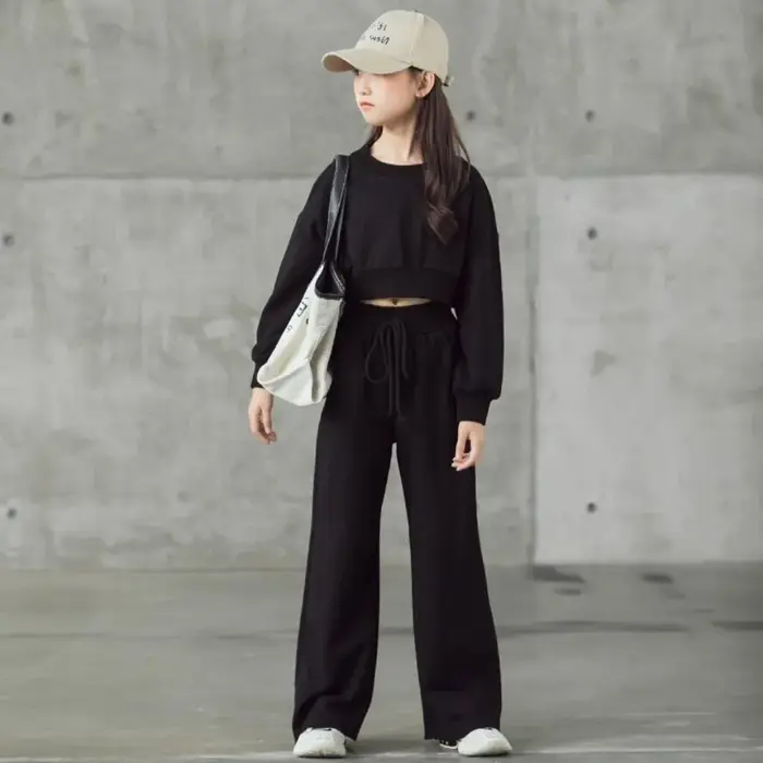 Ensemble de couleur unie pour filles, pull court à manches longues et pantalon, 2 pièces, nouvelle m