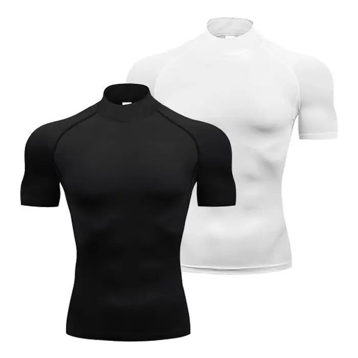 T-shirts à Compression unie pour hommes, T-shirts de course d'été à col roulé, élastiques à séchage 