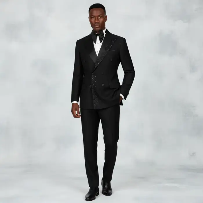 Costume Homme Perlé Brodé Noir Texturé Croisé Coupe Slim Formel pour Mariage, Bal de Promo, Dîner, S