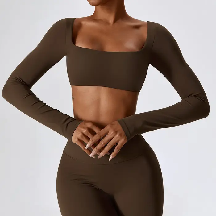 Crop top yoga femme manches longues - Haut sportif sexy nombril exposé séchage rapide fitness
