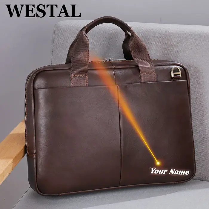 WESTAL – sac en cuir véritable pour hommes, sacoche pour ordinateur portable, mallette pour Document