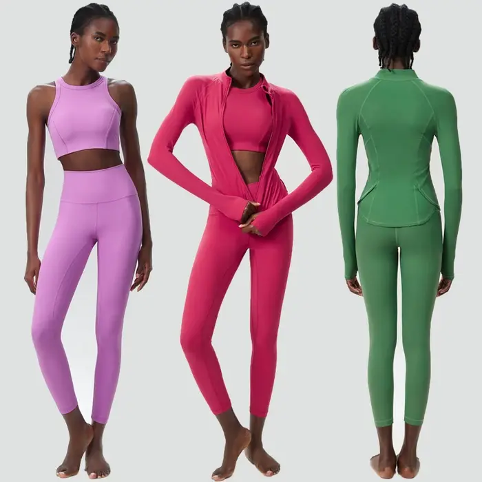 Ensemble de Yoga 3 pièces pour femmes, couleur unie, côtelé, combinaison de gymnastique, manches lon
