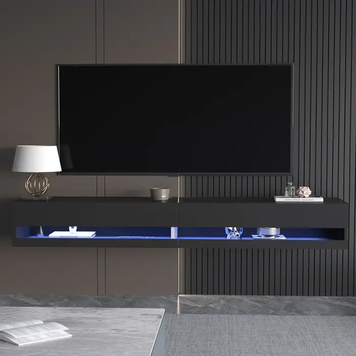 Support TV flottant pour TV 75/80 ", support TV mural LED avec prises de courant, console multimédia