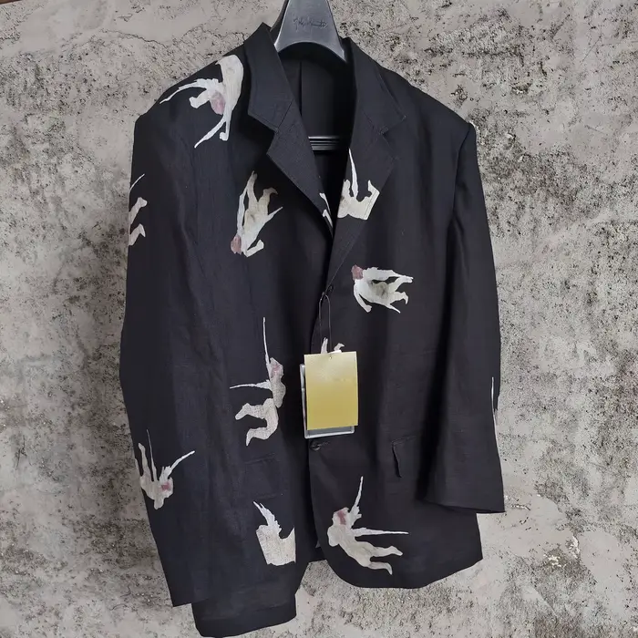 TOP-YAMAMOTO design original mélange de lin motif d'ange manteau à col ouest avec imprimé à manches 