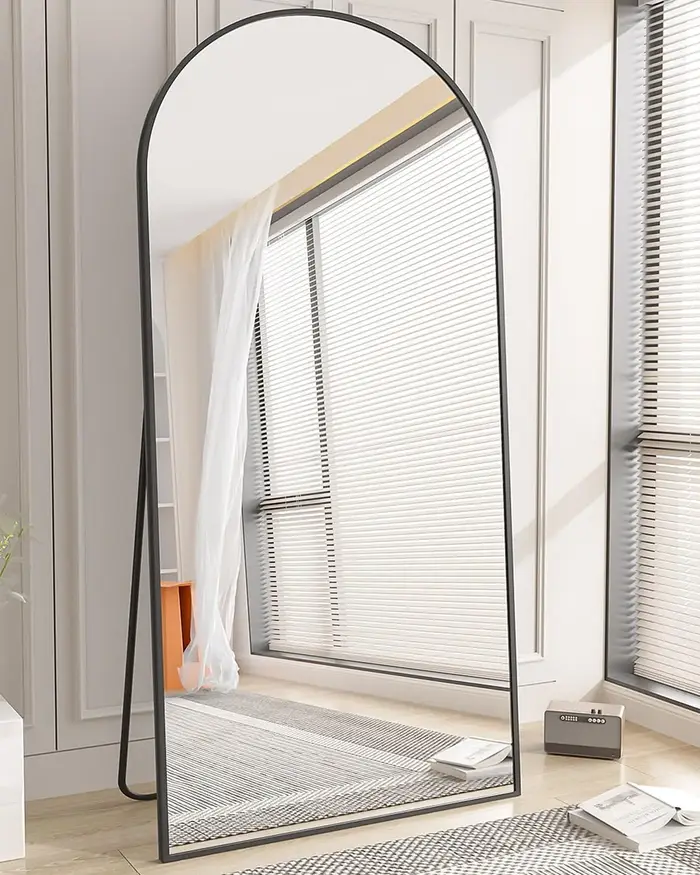 Miroir pleine longueur arqué, grand miroir de sol avec cadre en alliage d'aluminium, miroir sur pied