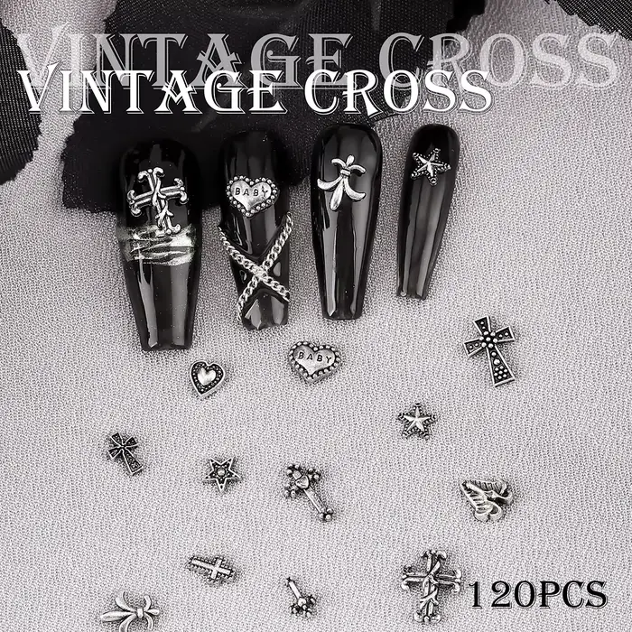 120 pièces/1 boîte européen américain foncé vintage style croix nail art patch y2k Premium métal Sty