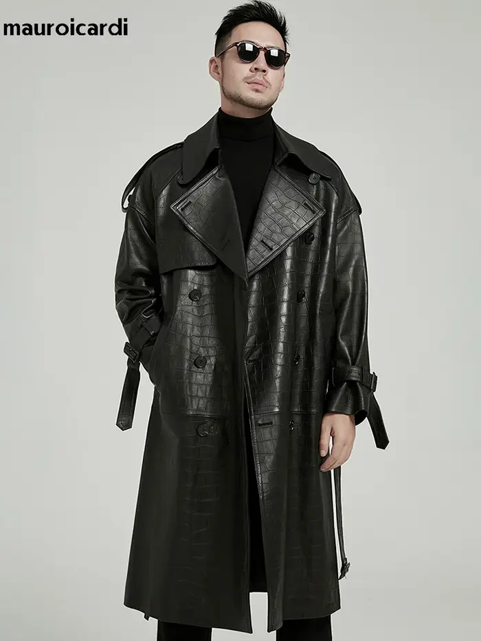 Mauroicardi printemps automne longue noir Crocodile imprimé Pu cuir Trench manteau hommes ceinture D