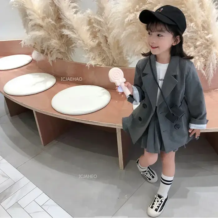 Costume pour bébés filles et garçons gris britannique mode vêtements pour enfants printemps automne double boutonnage hauts manteaux vestes
