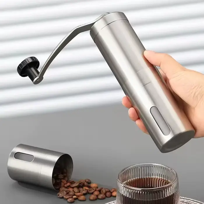 Moulin à café manuel Portable en acier inoxydable, avec bavures en céramique, paramètres réglables, 