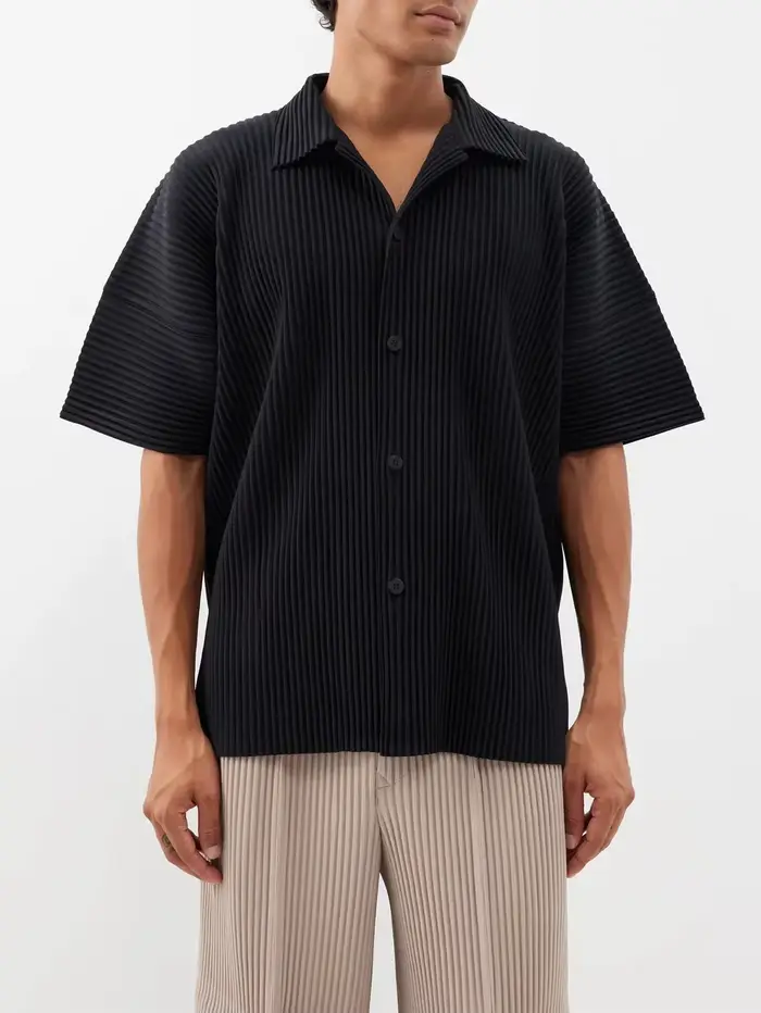 Miyake chemise à revers plissée à manches courtes t-shirt pour hommes chemise unie chemise boutonnée