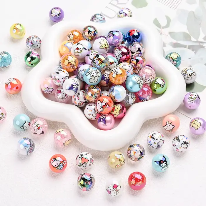 Perles acryliques mélangées aléatoires, 30 pièces, perles rondes imprimées Sanrio, amples pour brico