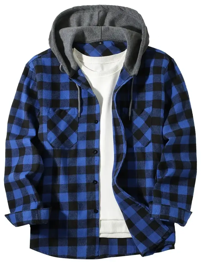 Chemise à carreaux à capuche coupe couvertes pour hommes, chemise à manches longues, chemise de voya