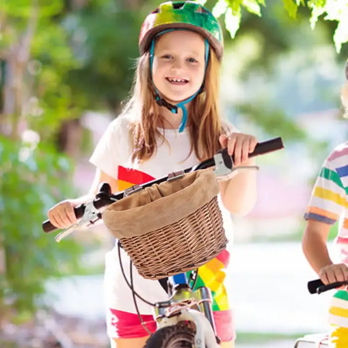 Panier avant en osier en forme de D avec sangles en cuir réglables pour enfants accessoire de cyclisme imperméable pour randonnées et déplacements quotidiens