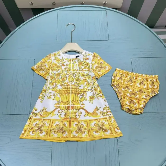 Robe en coton à motif floral doré pour filles, robe bébé, col rond, dernier style, 6-36M, 2024