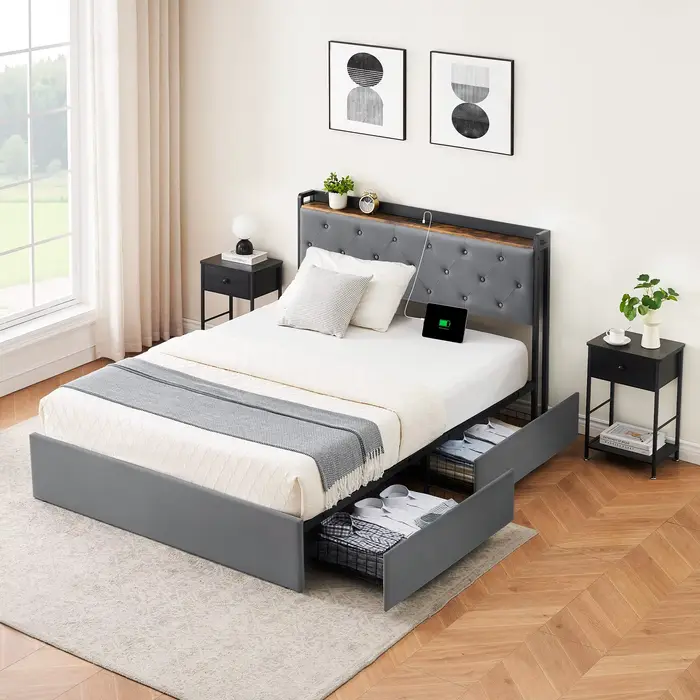 Cadre de lit avec 4 wers de proximité de stockage et station de recharge, avec planche de sauna de s
