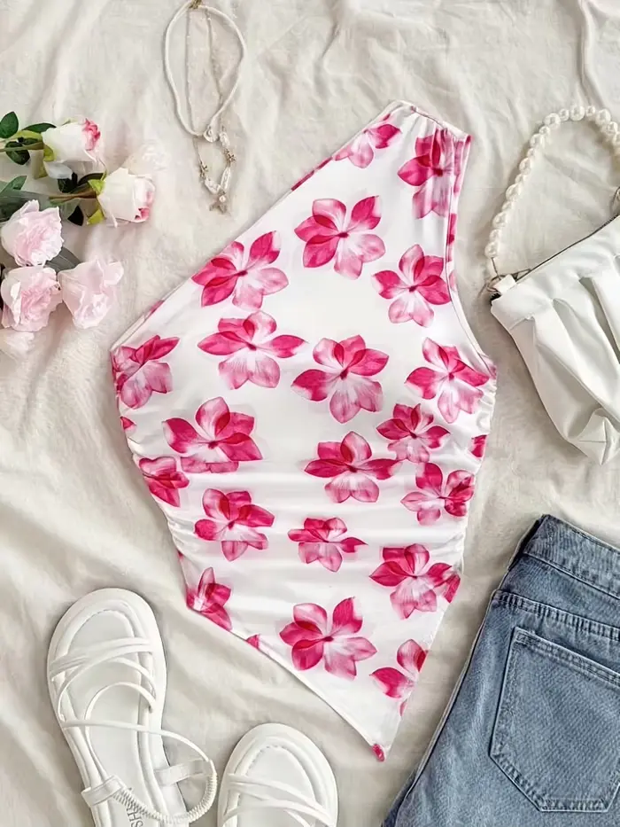 Haut court pour femme, haut court élégant à une épaule, débardeur imprimé floral, design asymétrique