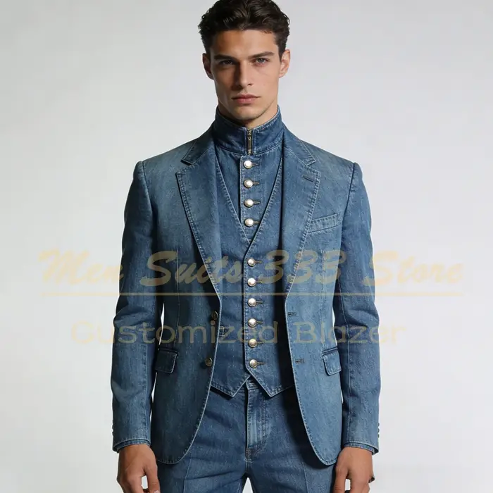 Costumes sur mesure pour hommes en denim, coupe ajustée, revers cranté, simple boutonnage, ensemble 