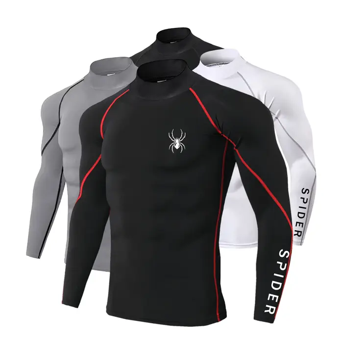 T-shirt homme compression manches longues course à pied - Impression araignée séchage rapide gym