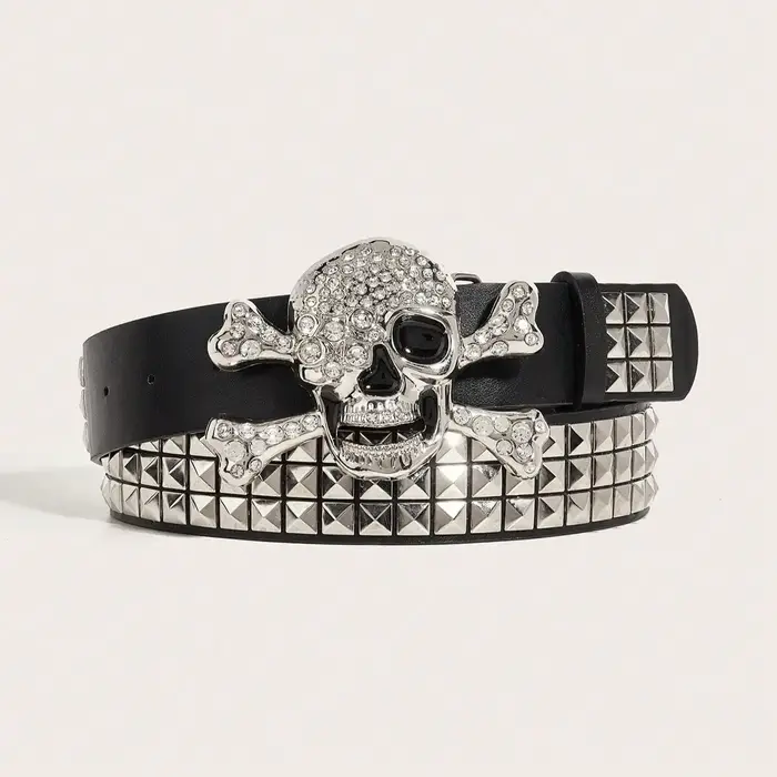 Ceinture à rivets et boucle tête de mort punk foncé pour hommes, 1 pièce, ceinture décorative polyva