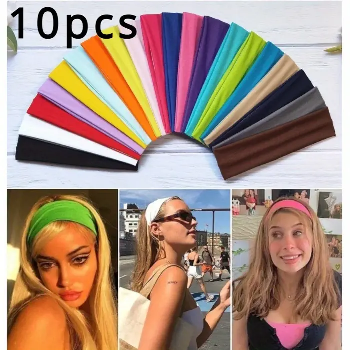 10 pièces bandeau élastique bandeaux de mode pour les femmes, couleur unie course Fitness Yoga bande