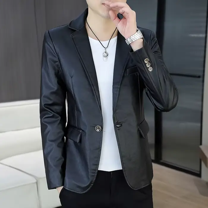 Veste en cuir PU pour hommes, mince, amincissante, de style coréen, petit haut de costume décontract