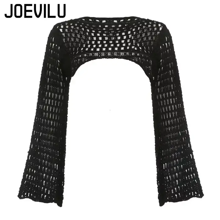 Haut court ajouré en tricot au Crochet pour femmes, chemisier Sexy Y2k, chemises à manches longues é