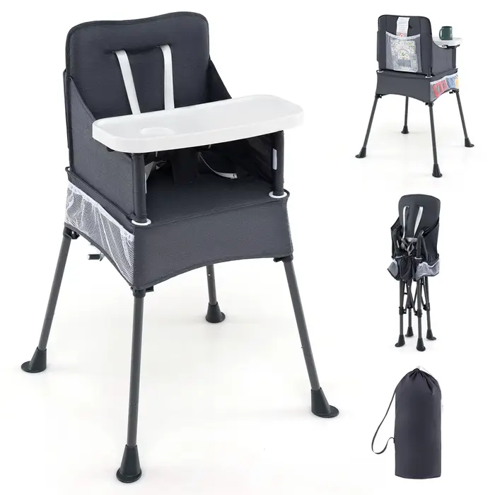 Chaise haute pliante pour bébé avec plateau réglable, sac de rangement et ceinture de sécurité, chai