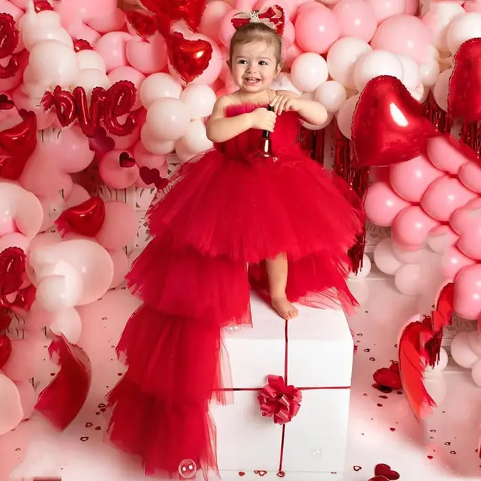 Robe à fleurs bouffante rouge en Tulle pour filles, robes de fête de première Communion pour enfants