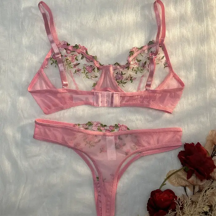 Soutien-gorge brodé transparent à petites fleurs pour femmes lingerie chaude sous-vêtements sexy culottes intimes ensemble deux pièces occasionnels romantiques cérémonies