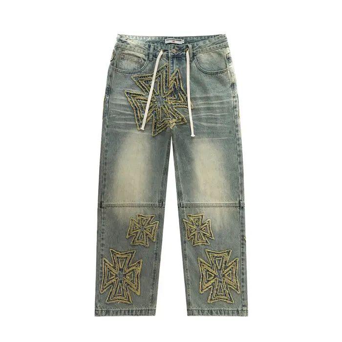 Jean baggy brodé délavé tendance 2026 pour homme – Pantalon cargo ample en denim de coton coupe droi
