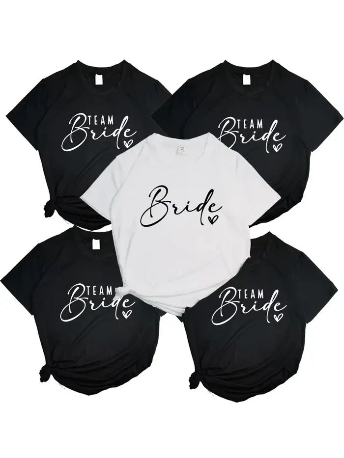 Evjf Hen Party Team Bride T-shirt pour femme, T-shirt de mariage pour fille, T-shirt en Y, Noir, Ros
