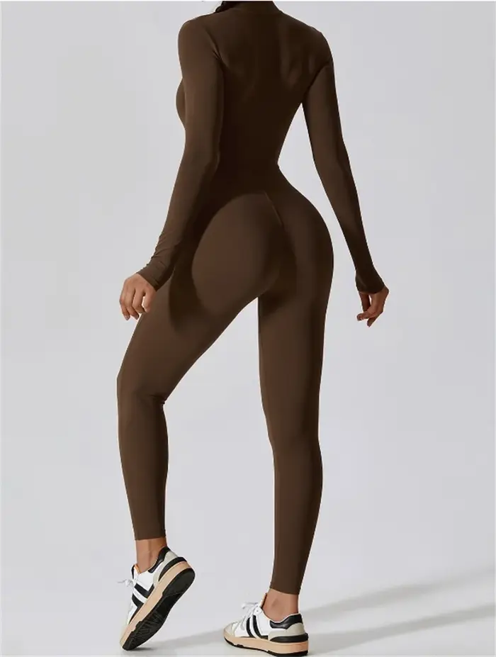 Combinaison yoga longue intégrée demi-zip - Vêtement sport femme couleur unie manches longues sexy