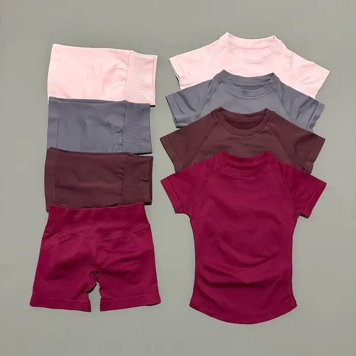 Ensemble de sport 2 pièces pour femme : Haut de yoga sans couture à manches courtes et short de spor