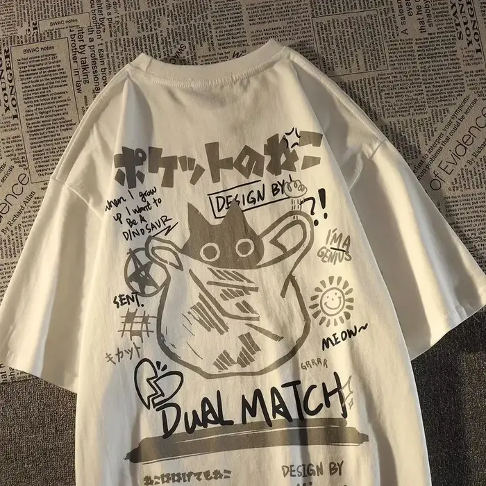 Été japonais rétro poche chat dessin animé imprimé à manches courtes T-shirt hommes femmes Couples u
