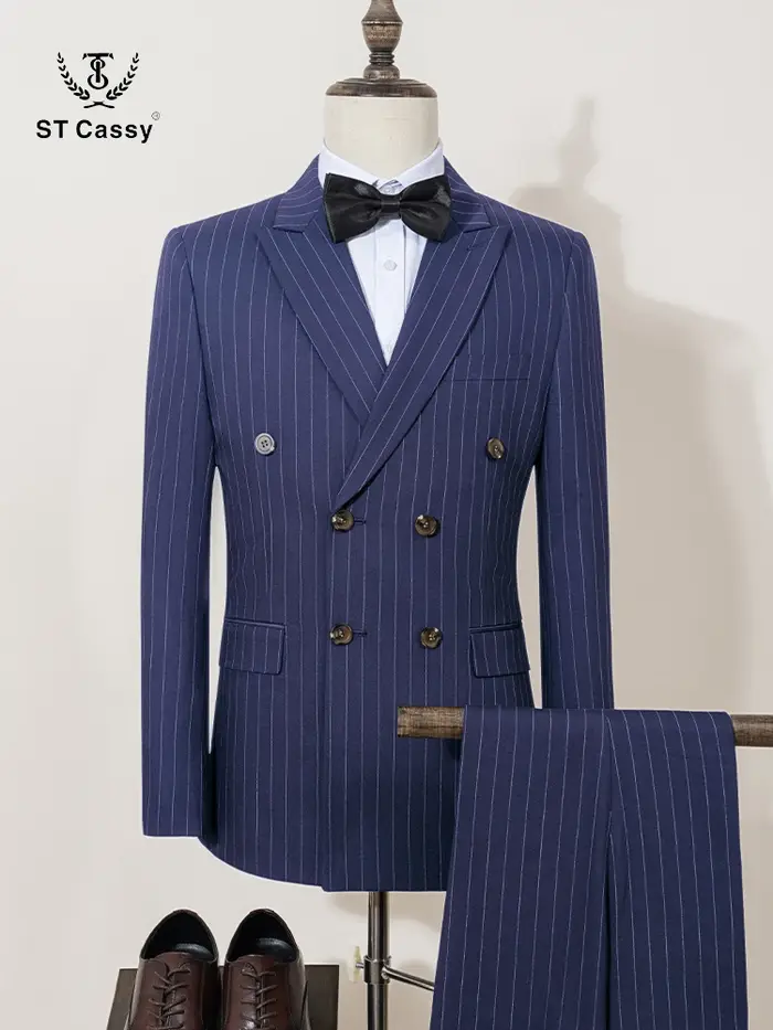 Costumes rayés bleus de haute qualité ST Cassy pour hommes, coupe ajustée, vêtements de luxe pour ho