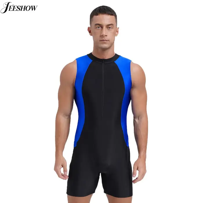 Maillot de bain une pièce pour hommes, bloc de couleurs, col rond, sans manches, fermeture éclair su