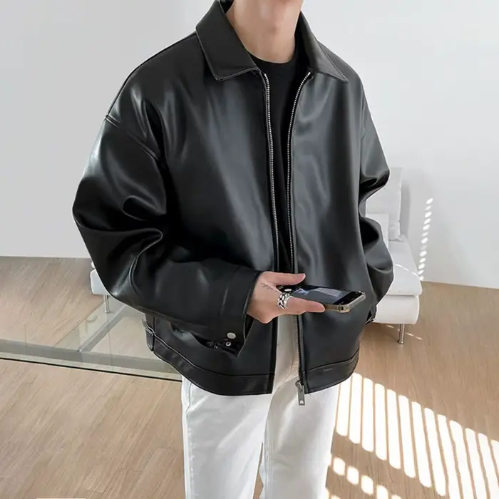 Veste en cuir PU noir surdimensionnée, col zippé, veste pour homme, style coréen, veste bomber décon