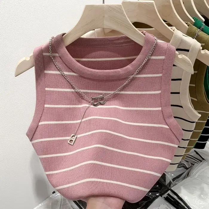 AOSSVIAO Nouveauté 2026 Gilet Femme Rayé à Bord Large, Haut d'Été Tricoté Court Sans Manches, Style 