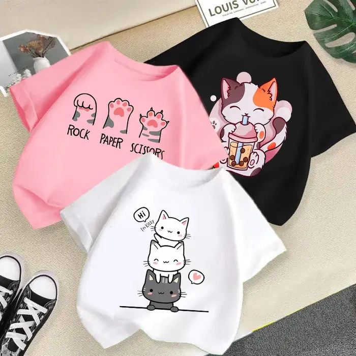 T-shirt à manches courtes et col rond pour bébé fille, vêtement d'été tendance, couleur bonbon, impr