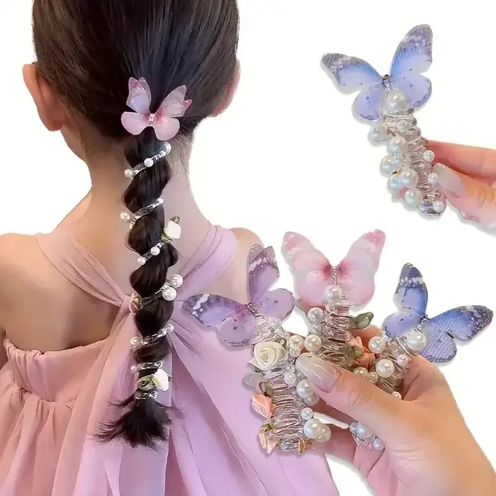 Bandeau papillon en maille pour filles, 2 pièces, mignon, rond, perle et Design Floral, parfait pour