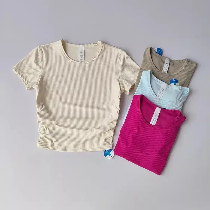T-Shirt de Yoga sans couture pour femmes, chemise de Sport côtelée, hauts de Sport respirants, chemi