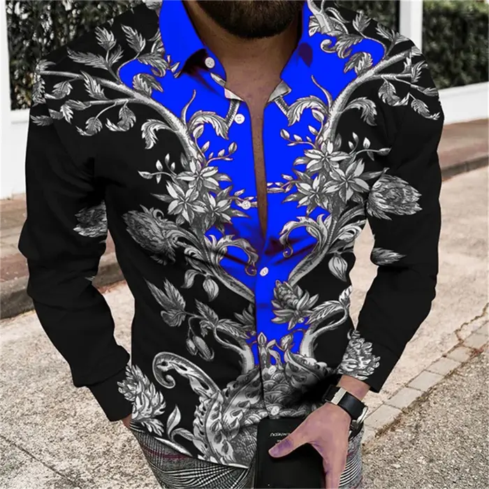 Chemise à manches longues à motif floral pour hommes, chemise imprimée en 3D, costume à revers, robe