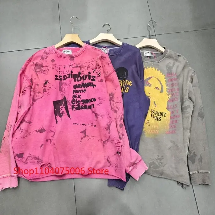 Saint col rond sweat Vintage imprimé trous en détresse lavé délavé unisexe surdimensionné vêtements 