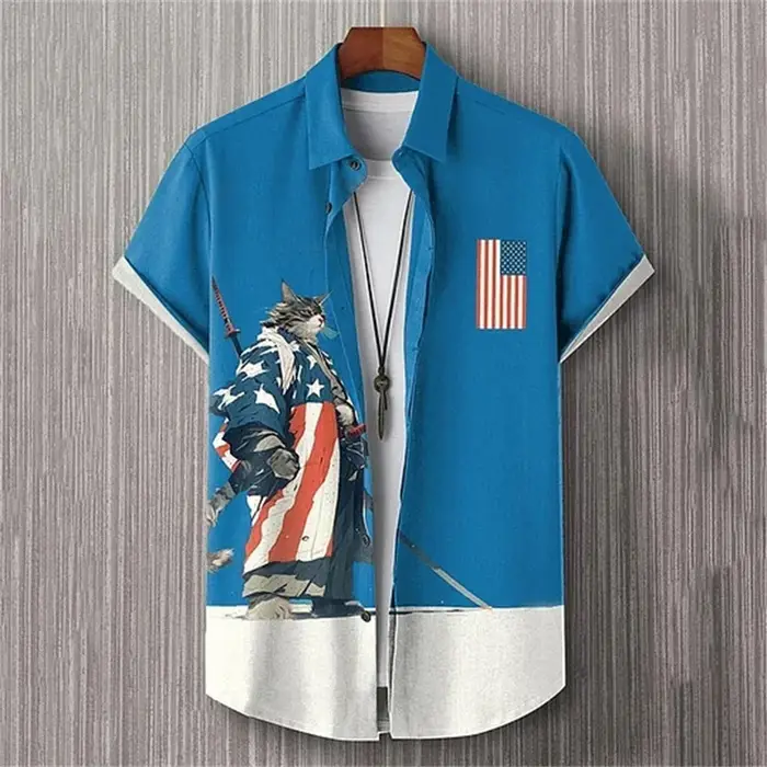 Chemise en lin-2025 été hommes revers à manches courtes T-shirt décontracté imprimé chemise élégant 