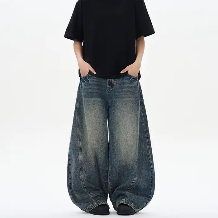 Jean surdimensionné à jambes larges pour homme, pantalon ample, Vintage, Patchwork foudre craquelée,